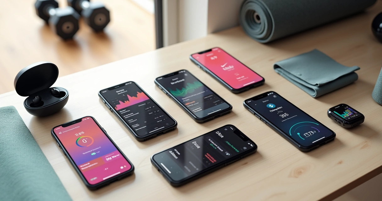 Celulares com apps de treino com IA lado a lado sobre mesa minimalista 