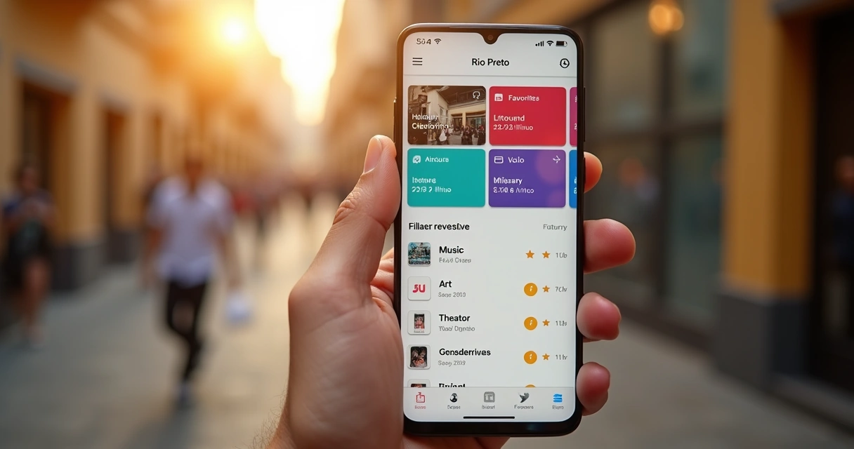 Tela de celular mostrando plataforma de eventos culturais em Rio Preto e ícones de filtros.