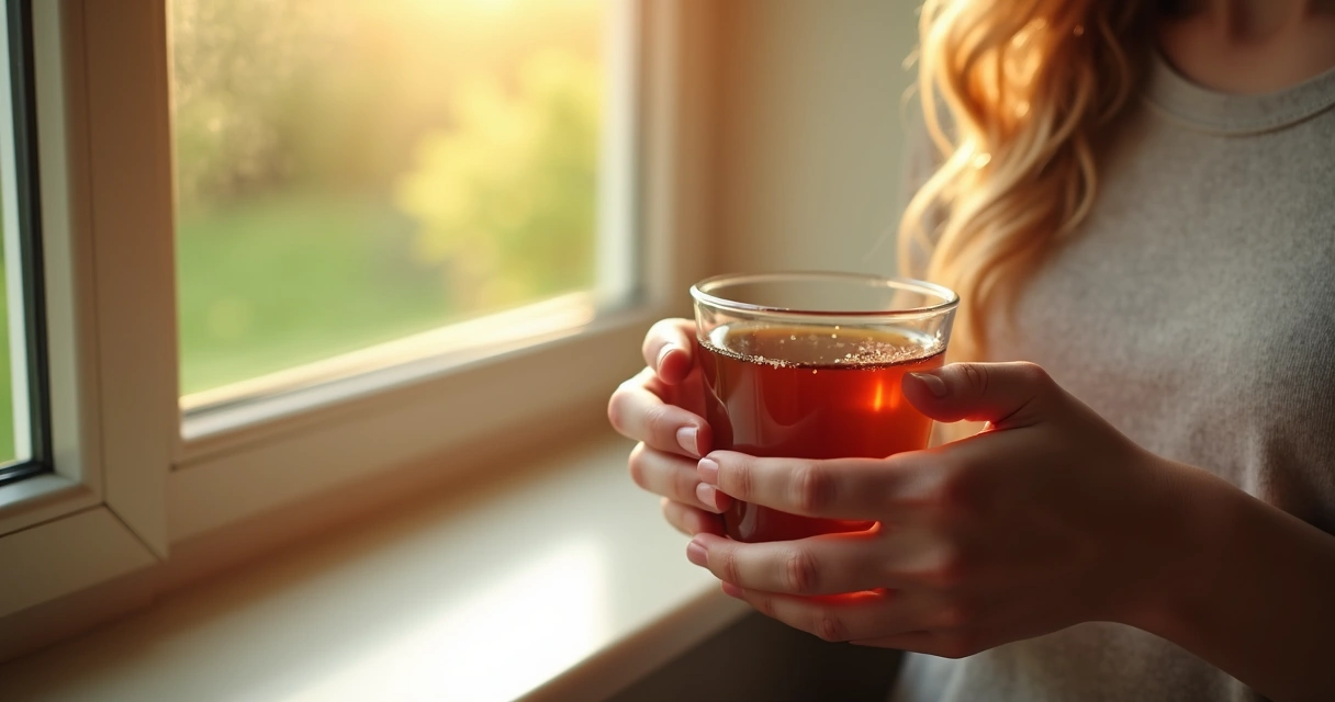 Pessoa sorrindo segurando uma xícara de chá perto de uma janela 