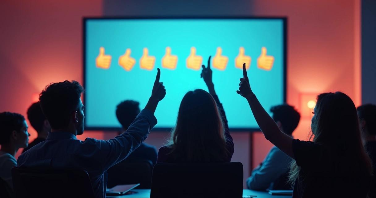 Grupo de personas reunidas frente a una pantalla, mostrando gestos de aprecio y reconocimiento virtual 