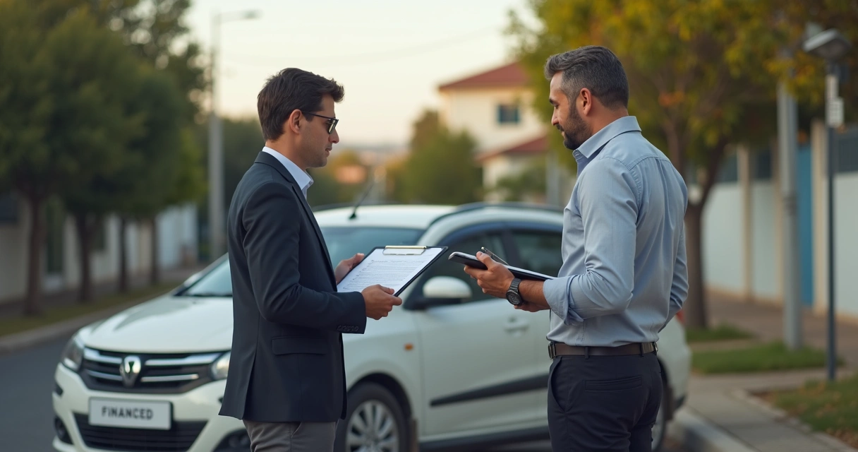 Oficial analisando documentos ao lado de carro financiado