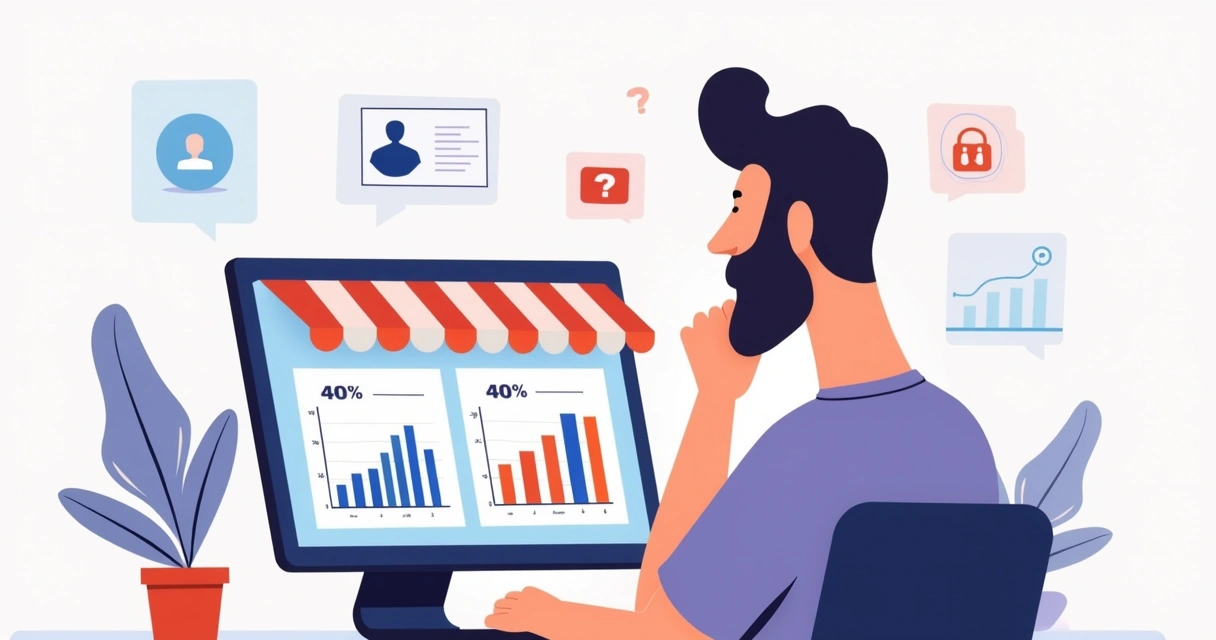 Lojista analisando gráficos e feedbacks de vendas com expressão de aprendizado 