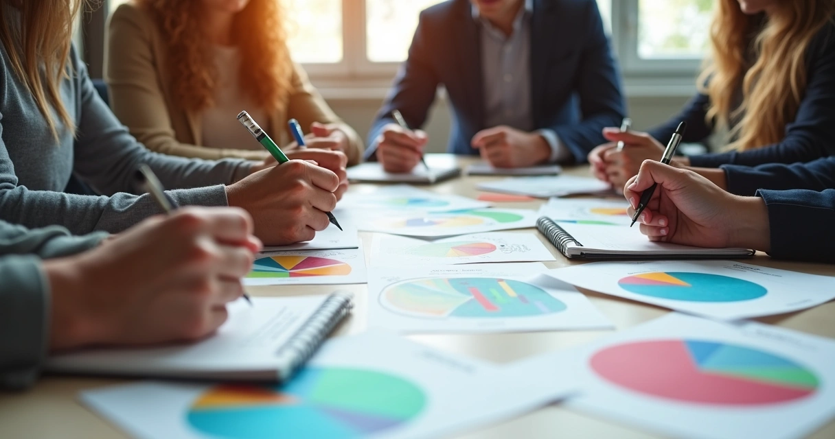 Grupo discutindo em mesa de trabalho com cadernos e gráficos