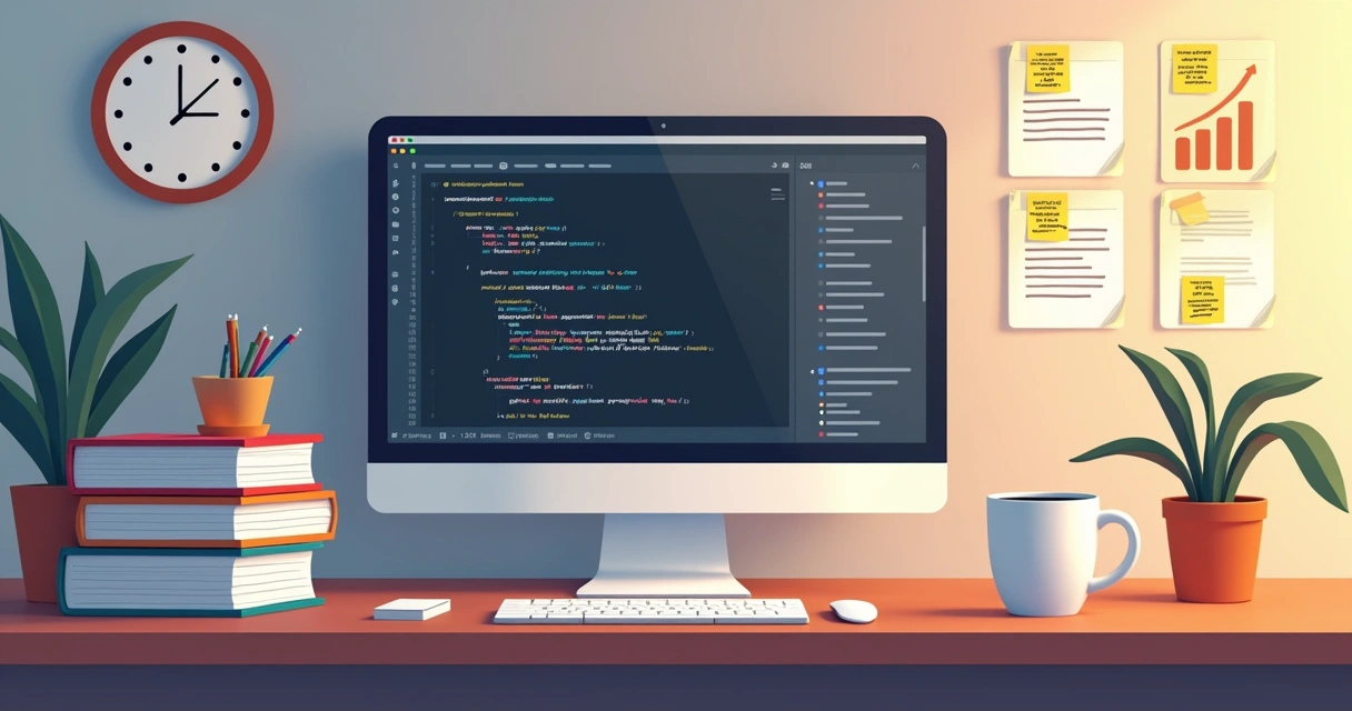Pessoa estudando programação JavaScript entre livros e computador em ambiente confortável
