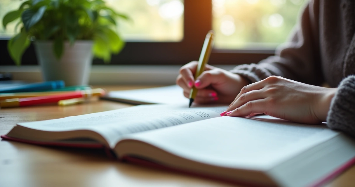 Pessoa lendo livro com marcações coloridas, ambiente de estudo tranquilo