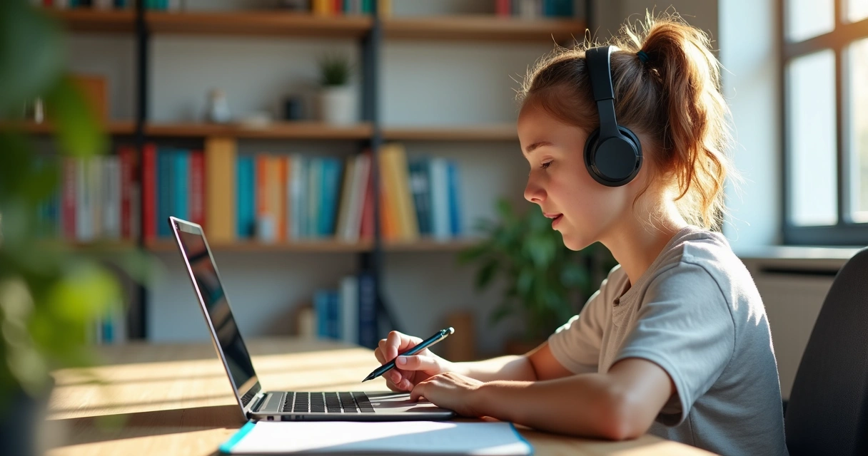 Estudante sentado com notebook e fones em uma sala iluminada 