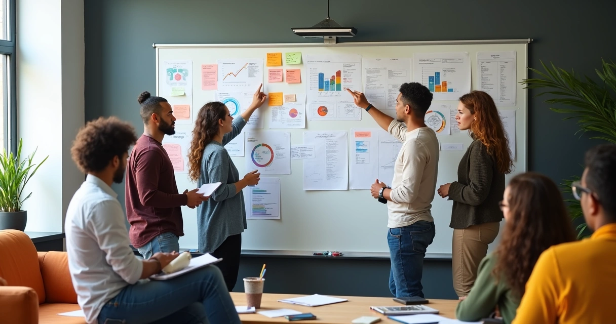 Equipe diversificada discutindo frente a um quadro branco com ideias e gráficos 