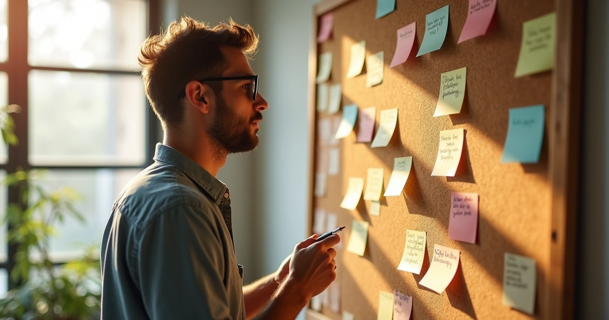 Homem analisando quadro com notas sobre aprendizados 