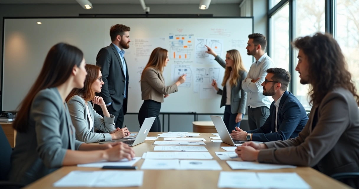 Colegas de trabalho analisando juntos uma situação complexa em frente a quadro branco 