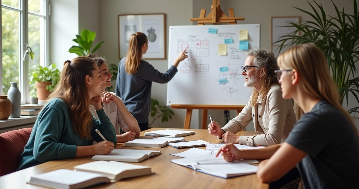 Grupo de pessoas aprendendo em diferentes contextos, misturando leitura, conversas e experiências visuais 