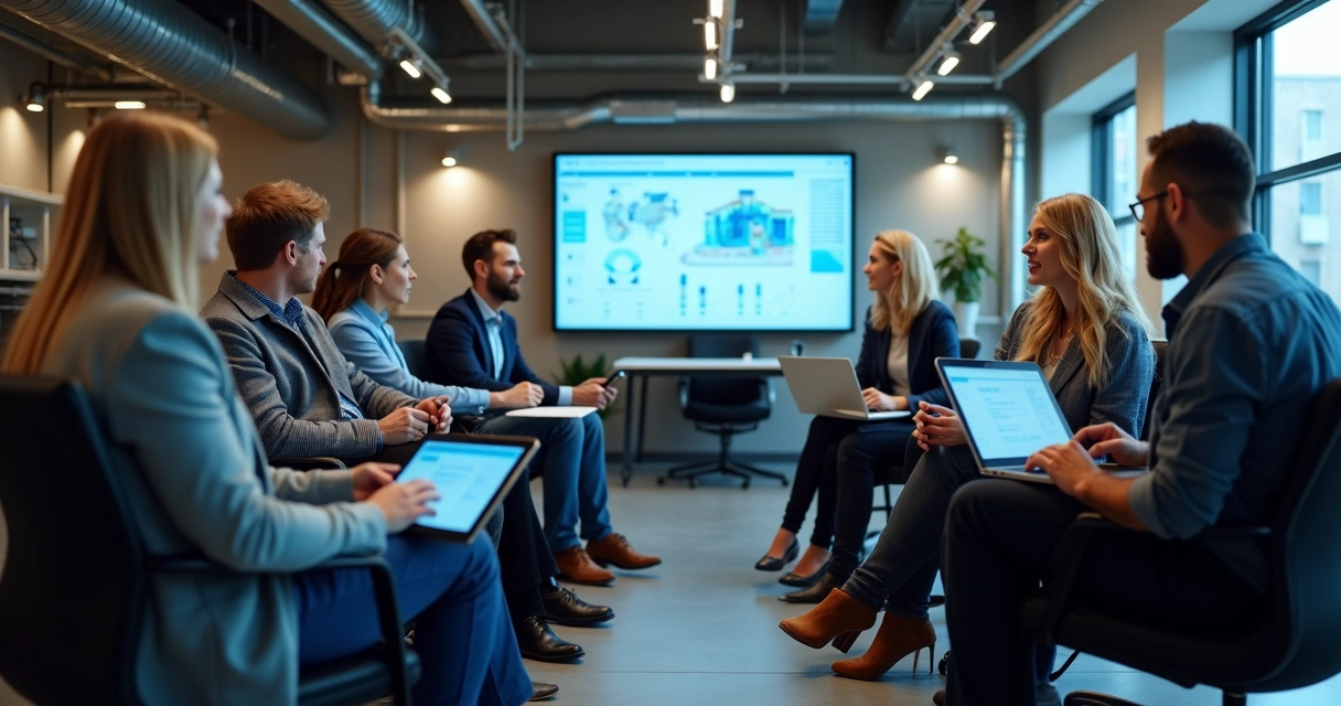 Grupo de profissionais industriais aprendendo em ambiente digital 