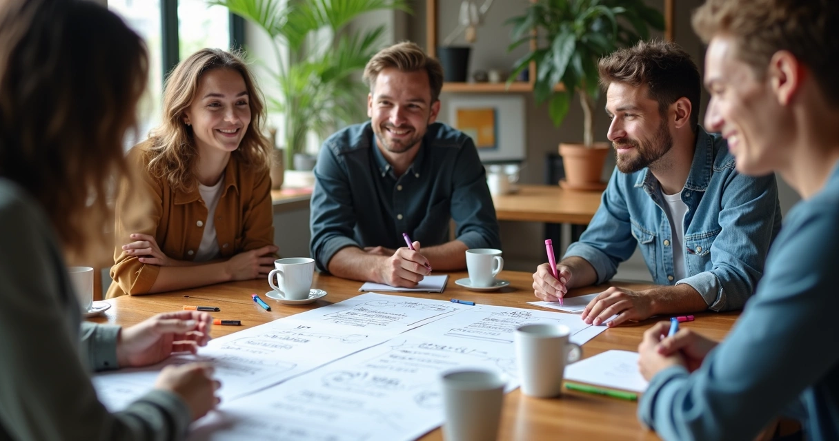 Colaboradores em treinamento de OKR trocando experiências 