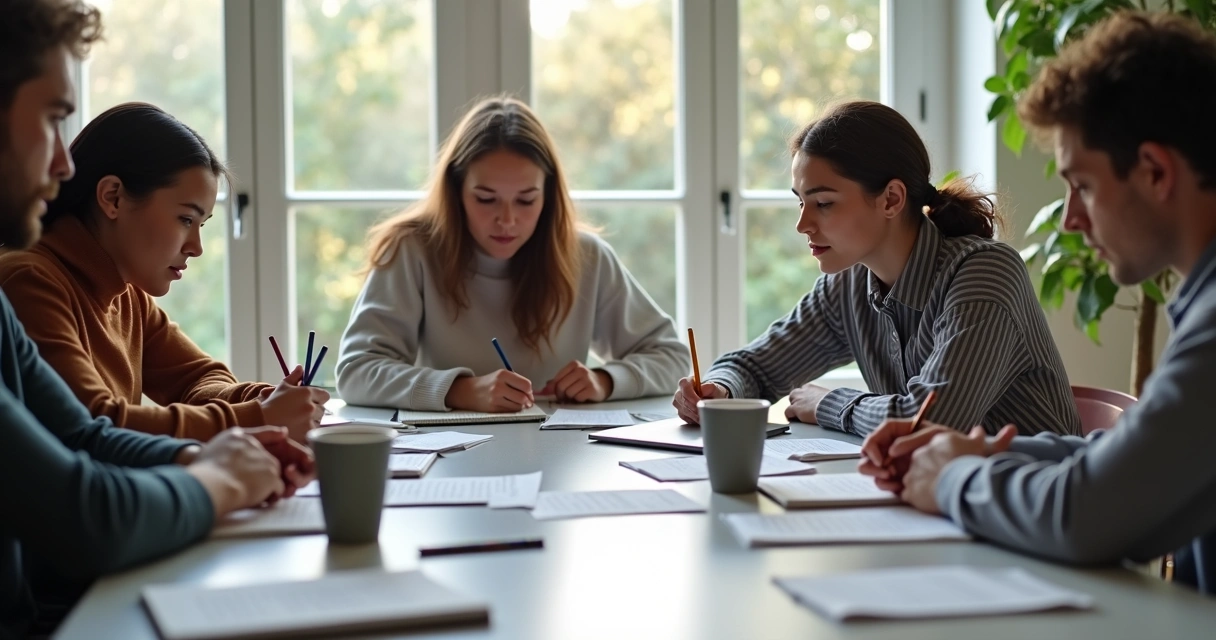 Grupo estudando em mesa com cadernos e notebooks. 