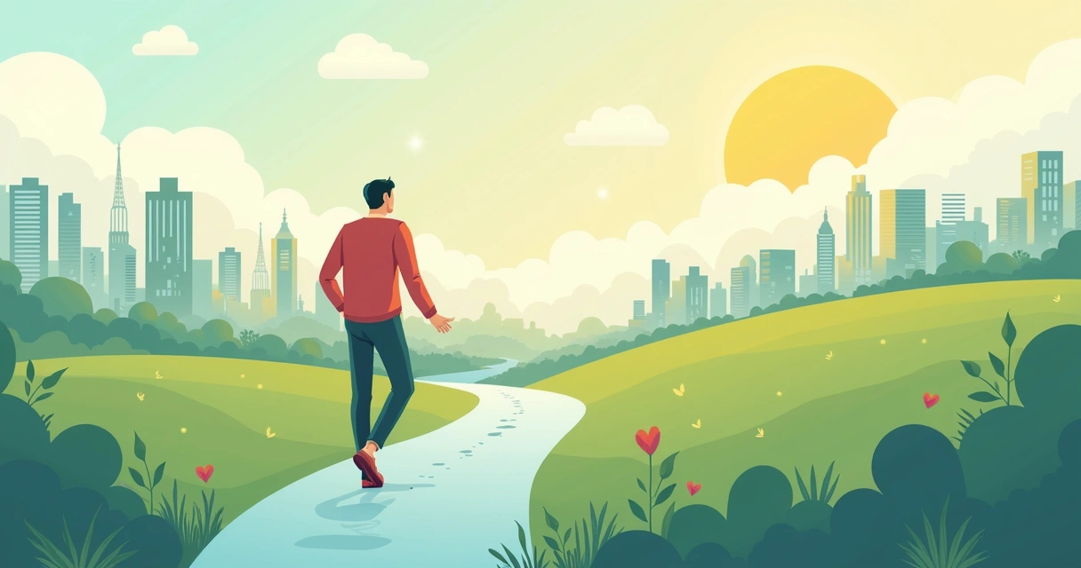 Pessoa caminhando sobre trilha formada por ícones de metas e aprendizado 