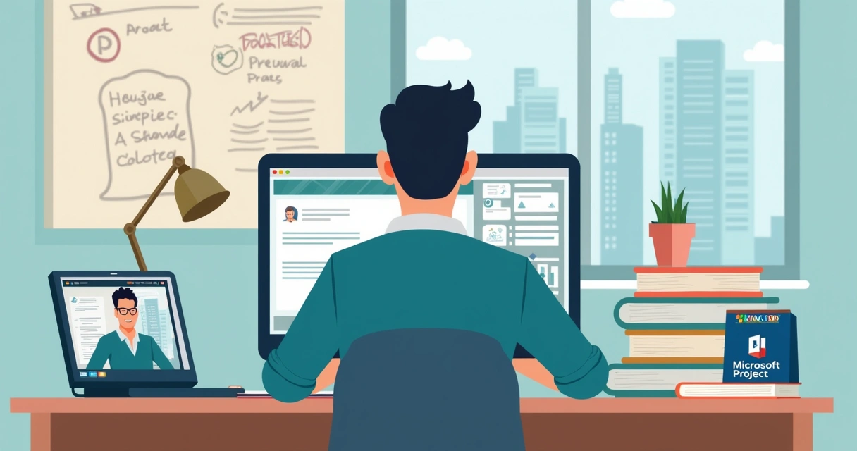 Aluno assistindo vídeo aula de gestão de projetos com professor Marcelo Moraes na tela 