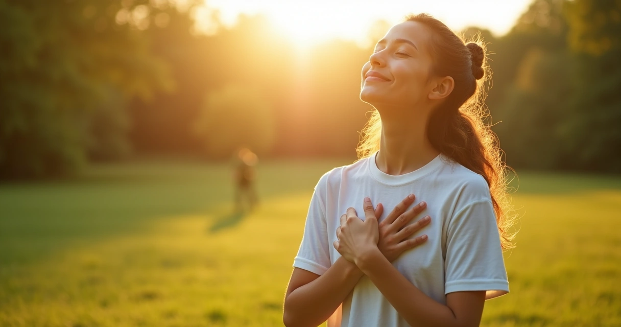 Jovem de mãos no peito, olhos fechados, de pé ao sol, sentindo paz