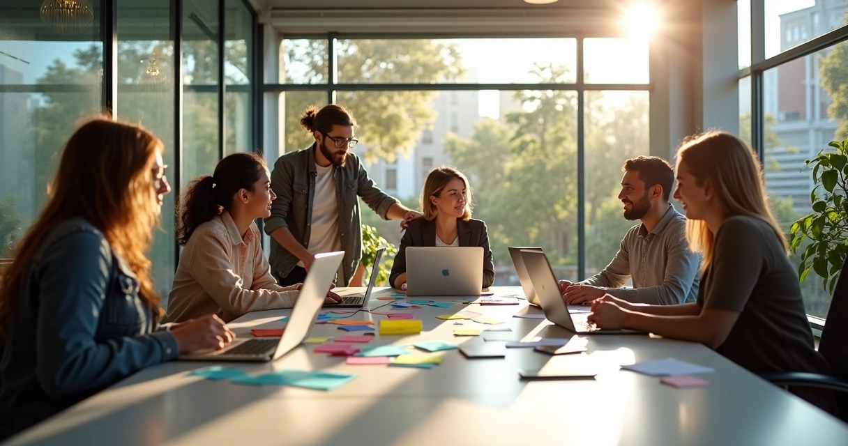 Equipe discutindo juntos ao redor de uma mesa, anotações coloridas e notebooks à vista