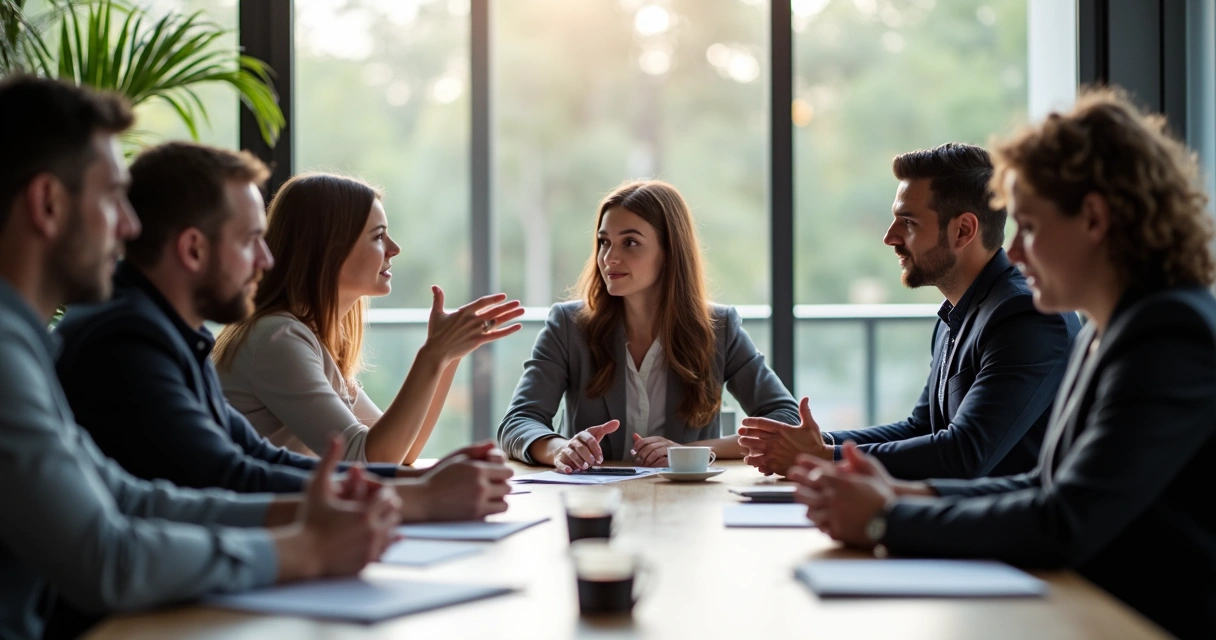 Pessoas em mesa de reunião discutindo amigavelmente um desentendimento 