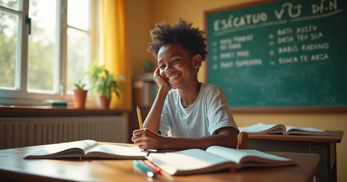 Estudante sorridente, escrevendo sozinho, livros ao redor