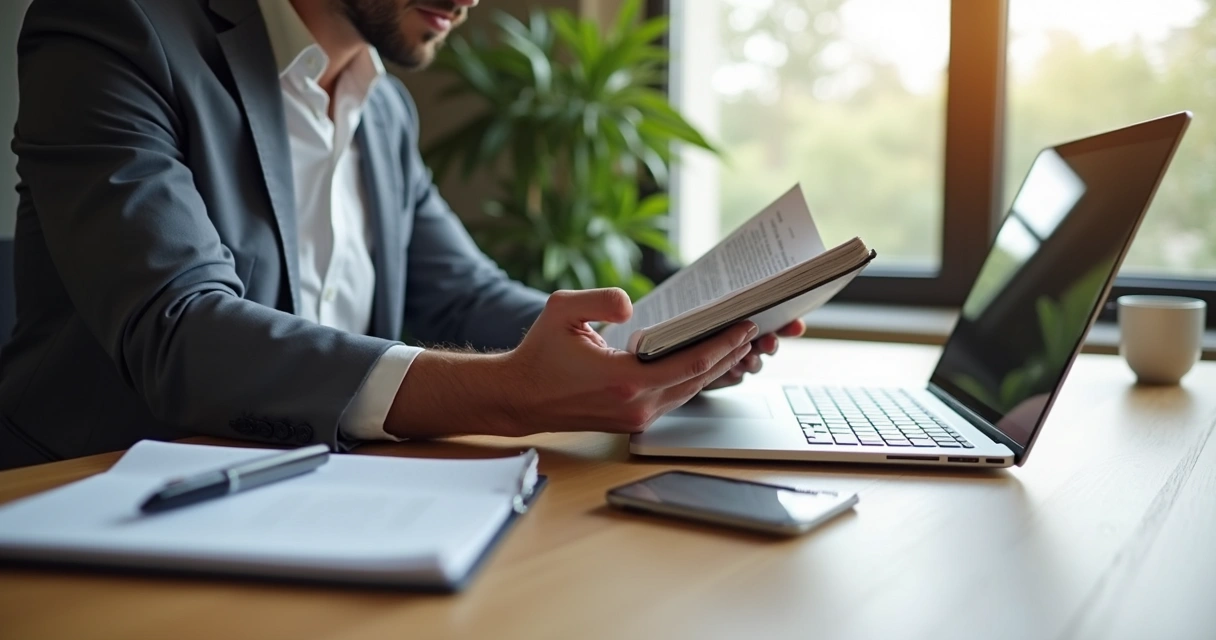Profissional lendo livro de marketing digital em uma mesa com laptop. 