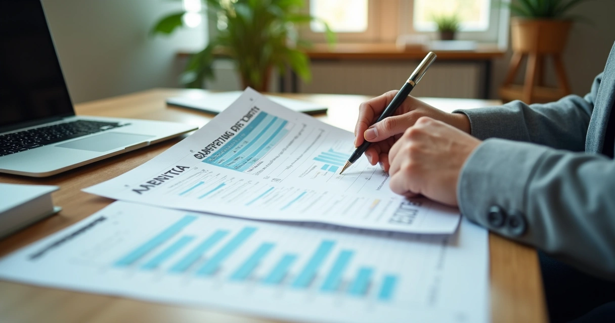 Profissional de marketing analisando relatórios de campanha clínica 