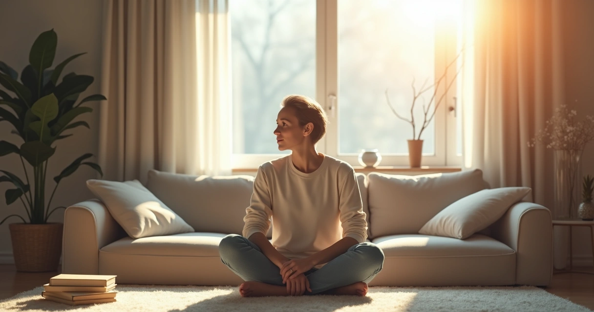 Pessoa sentada em ambiente calmo, refletindo em meio a objetos simples e livros