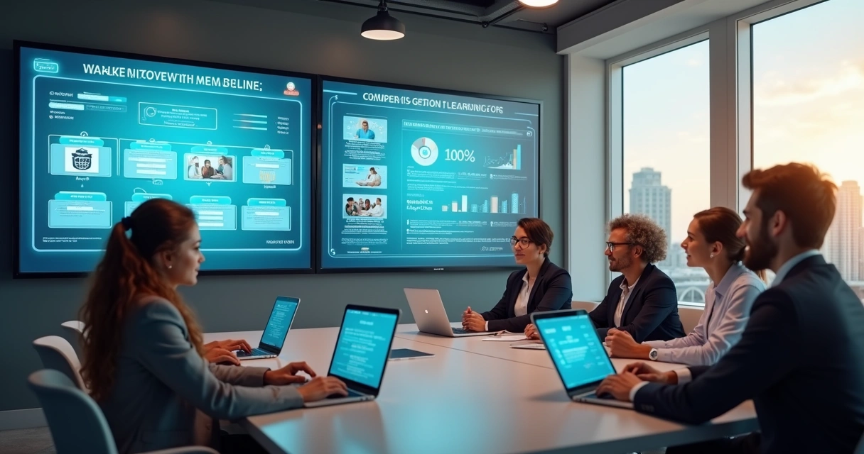 Equipe corporativa aprendendo online em treinamentos dentro da empresa 