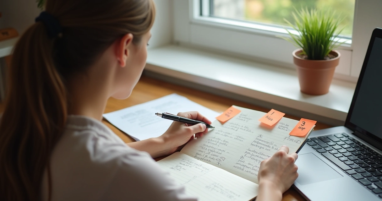 Pessoa praticando tarefa com etapas de progresso visíveis
