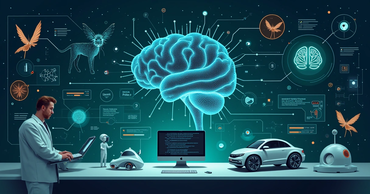 Ambiente futurista de aprendizado profundo com rede neural, computador, assistente holográfico e carro autônomo.