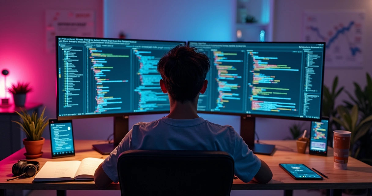 Pessoa estudando programação com IA em ambiente moderno de tecnologia 