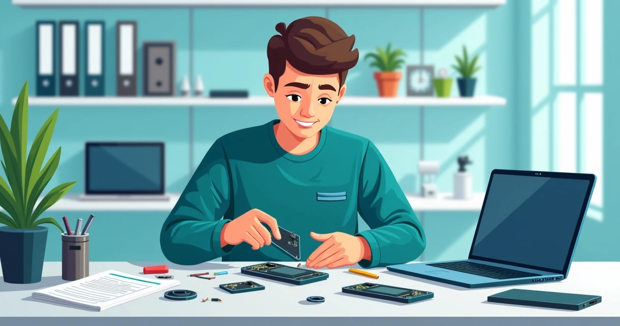 Técnico jovem consertando celular em bancada organizada. 