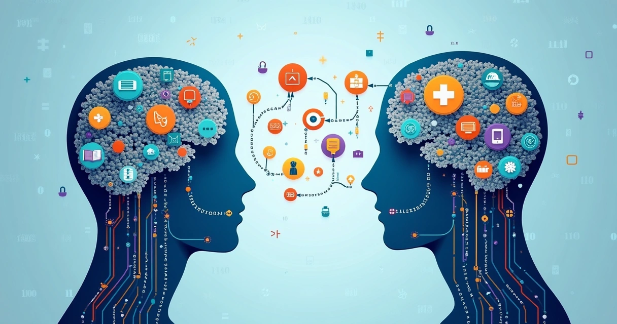 Ilustração de um cérebro formado por circuitos, com setas mostrando transferência de conhecimento entre duas áreas 