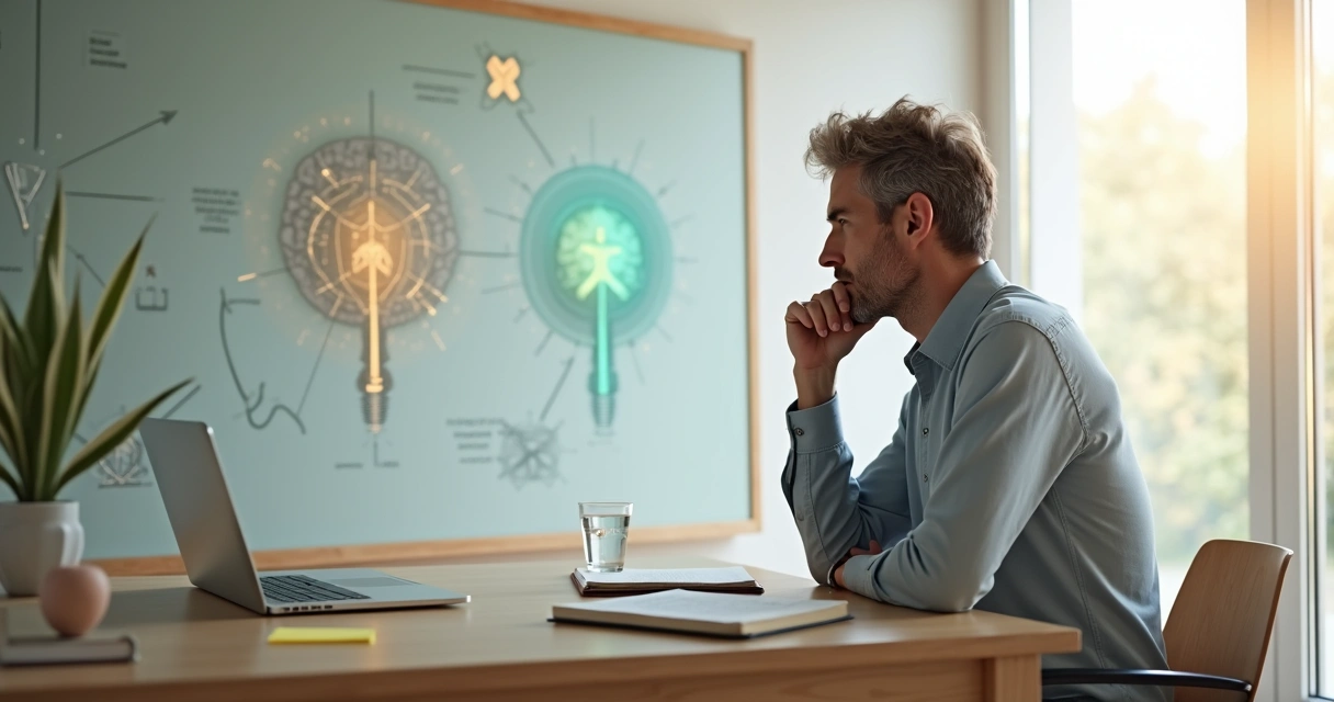 Adulto estudando refletindo diante de quadro com elementos de mente e consciência 