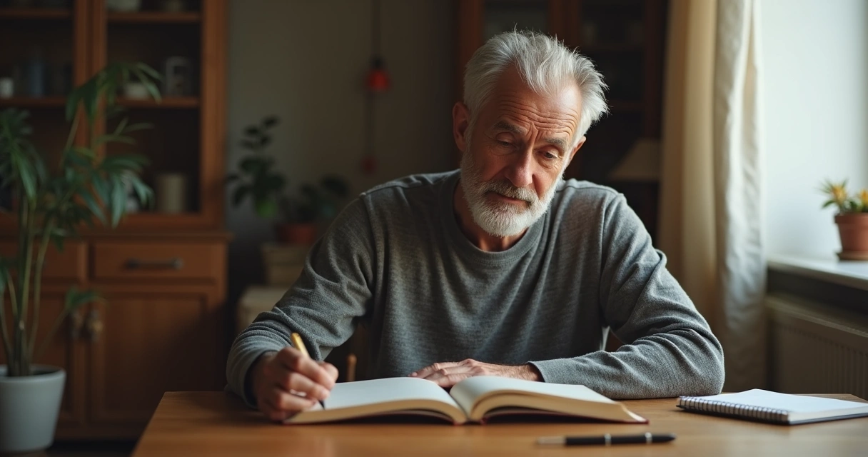 Adulto lendo livro e refletindo na mesa