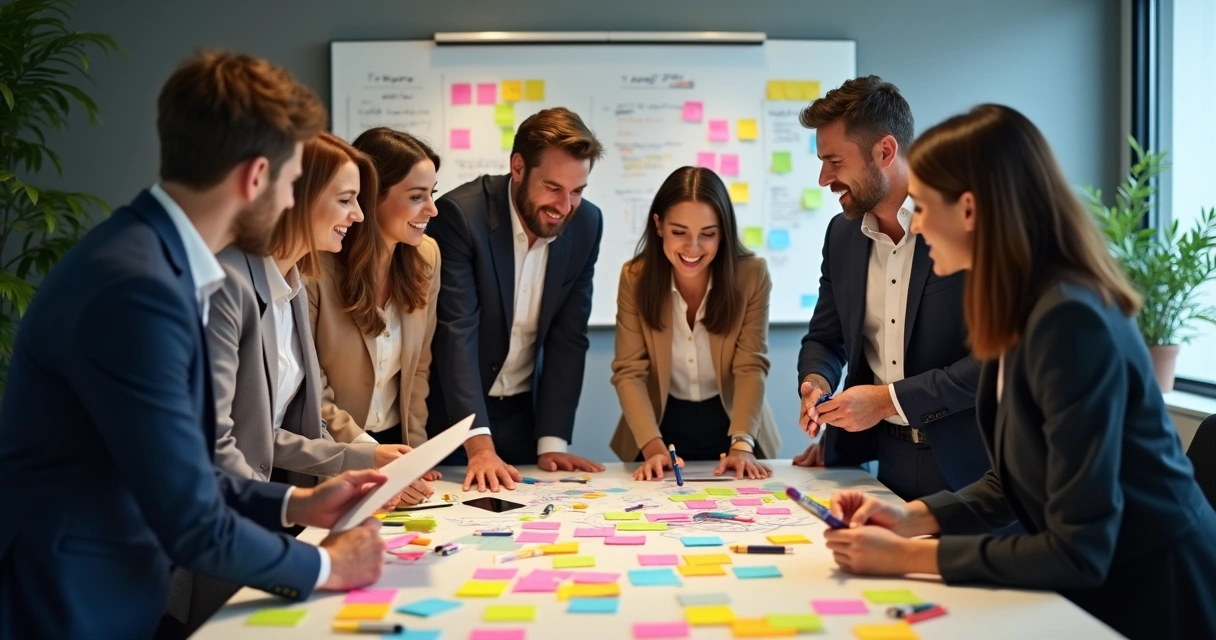 Equipe corporativa em dinâmica criativa com notas coloridas 