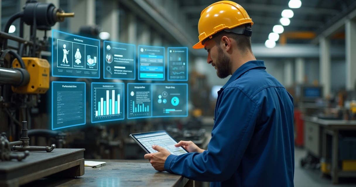 Colaborador usando tablet com gráficos de aprendizagem digital ao lado de equipamentos industriais 