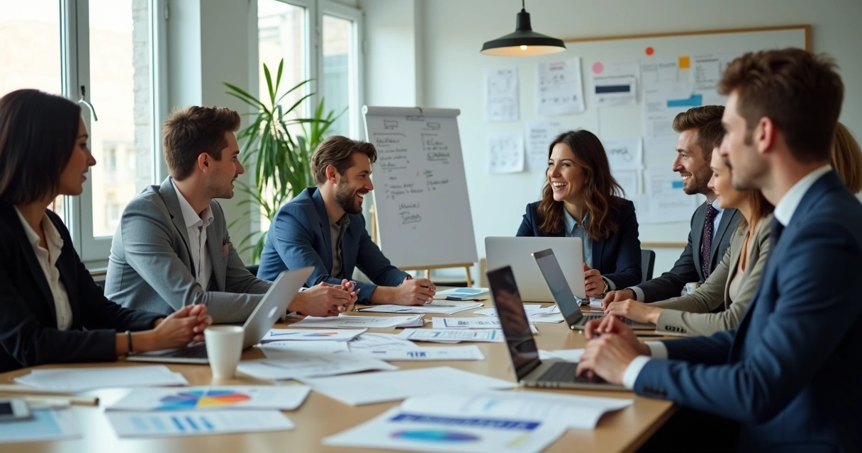 Equipe corporativa em reunião resolvendo problemas reais 
