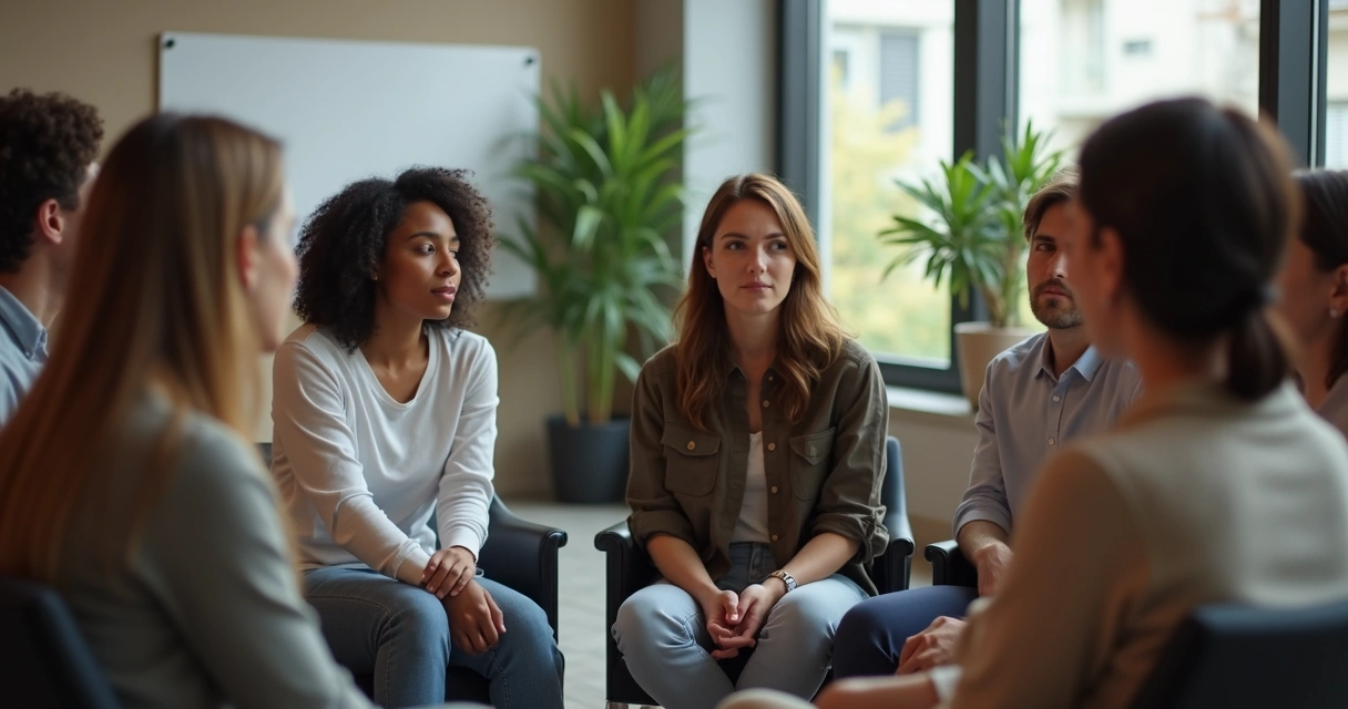 Grupo de pessoas sentadas em círculo em ambiente moderno, algumas em concentração e outras em interação leve 