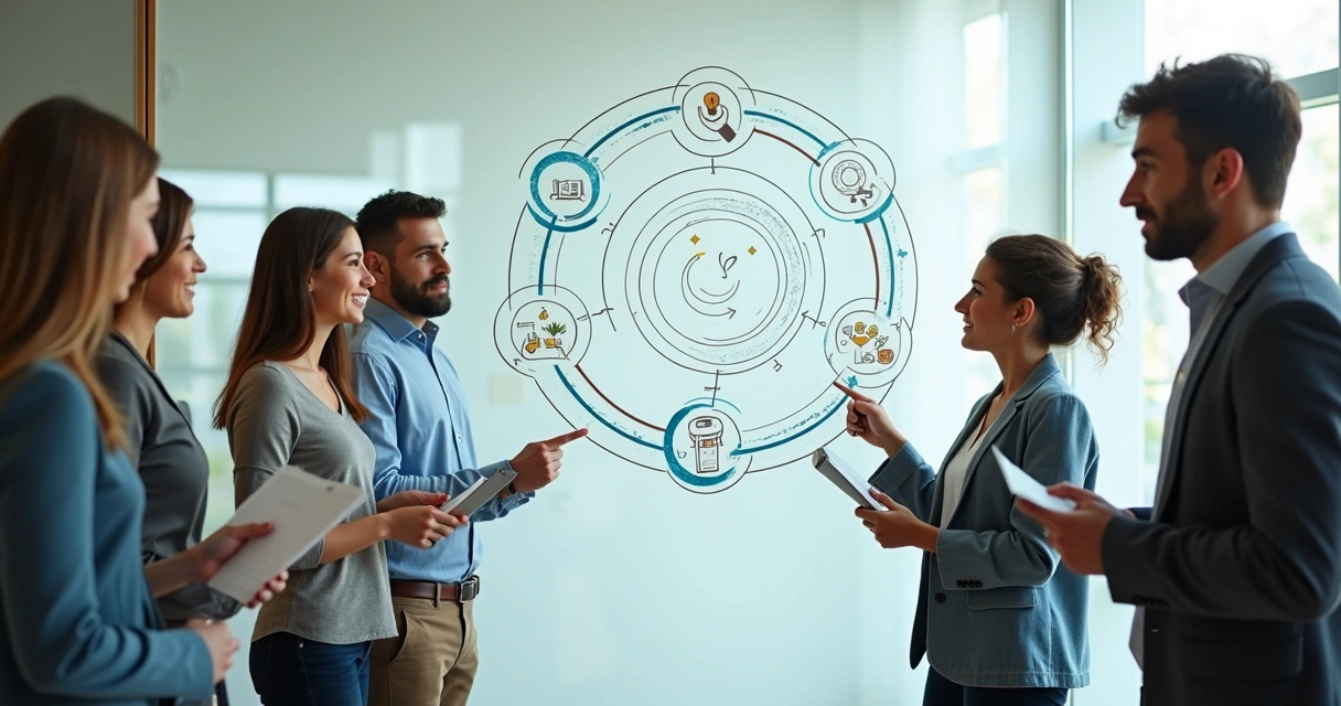 Equipe em círculo olhando mural com fluxos de conhecimento e setas em espiral 