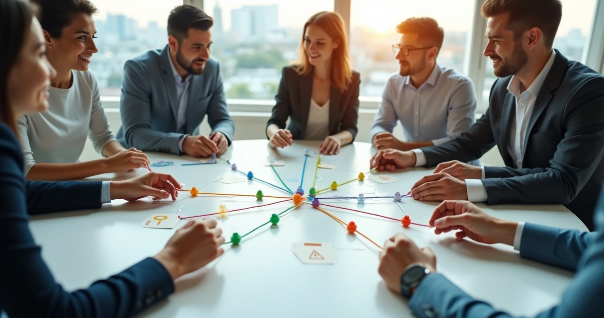 Executivos formando teia de conhecimento com fios coloridos em sala de reunião 