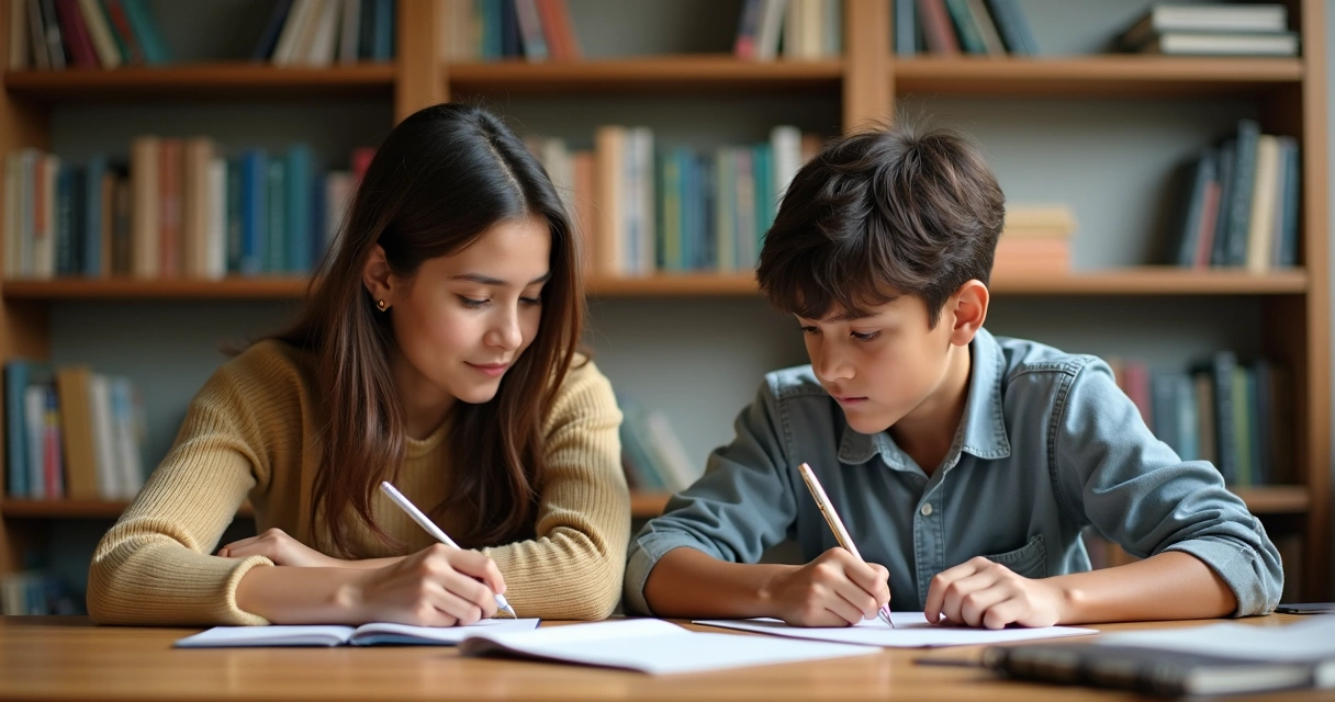 Adulto y joven aprendiendo juntos en una mesa de trabajo 