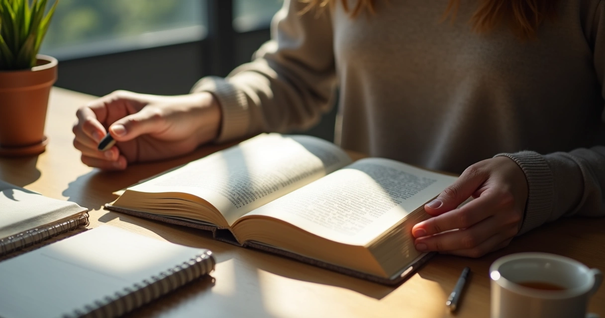 Persona leyendo un libro de ética en una mesa de trabajo. 