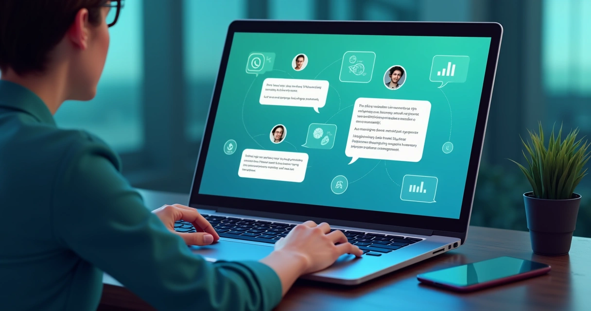 Pessoa demonstrando agente de IA integrado ao WhatsApp em notebook 