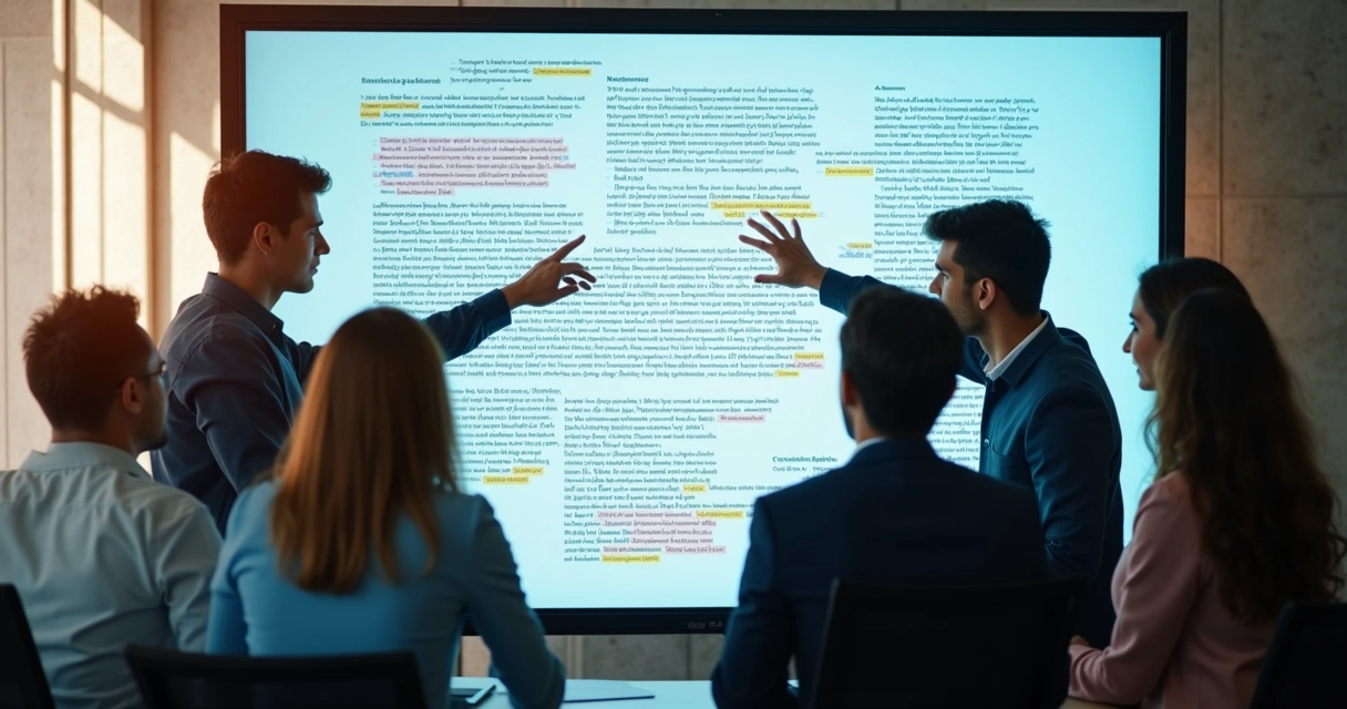 Equipe analisando exemplos de frases irônicas em tela grande 