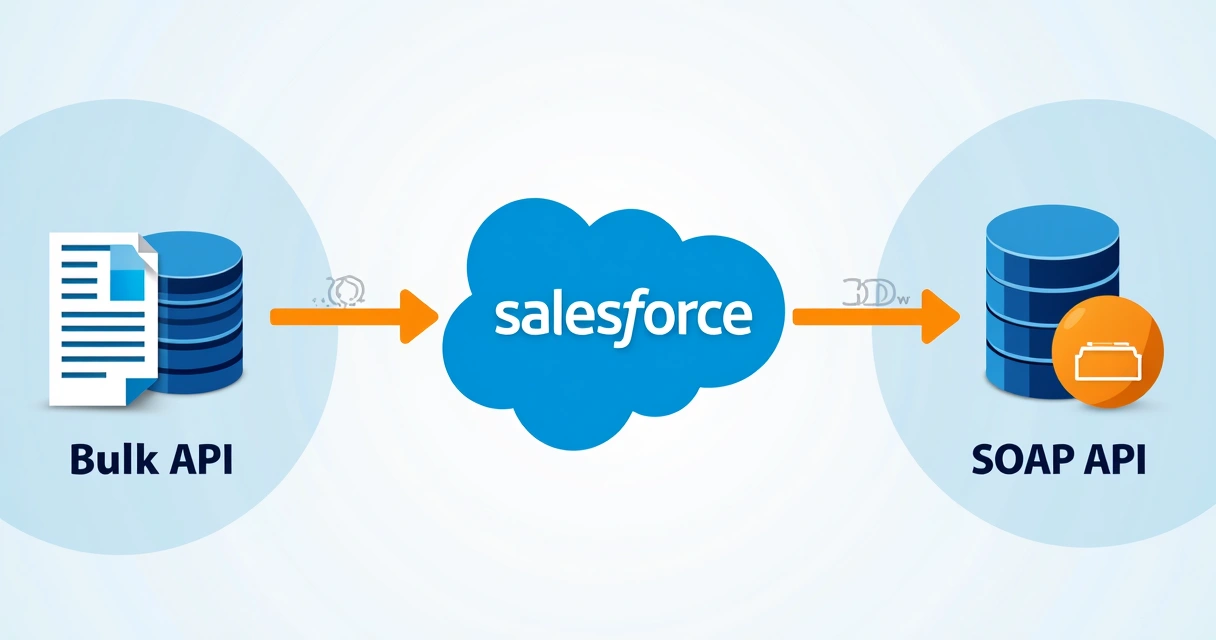 Representação gráfica de integração entre sistemas usando Bulk API e SOAP API, com fluxos de dados e interfaces de ERPs e CRMs 
