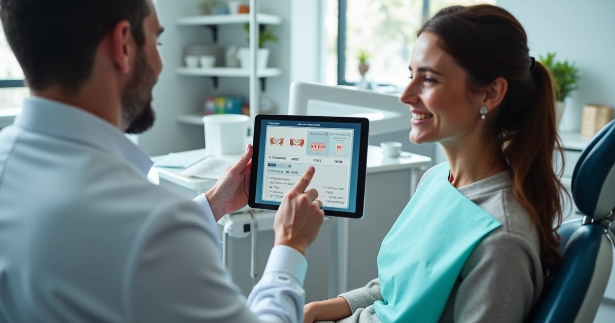 Dentista apresentando orçamento para paciente em consultório 