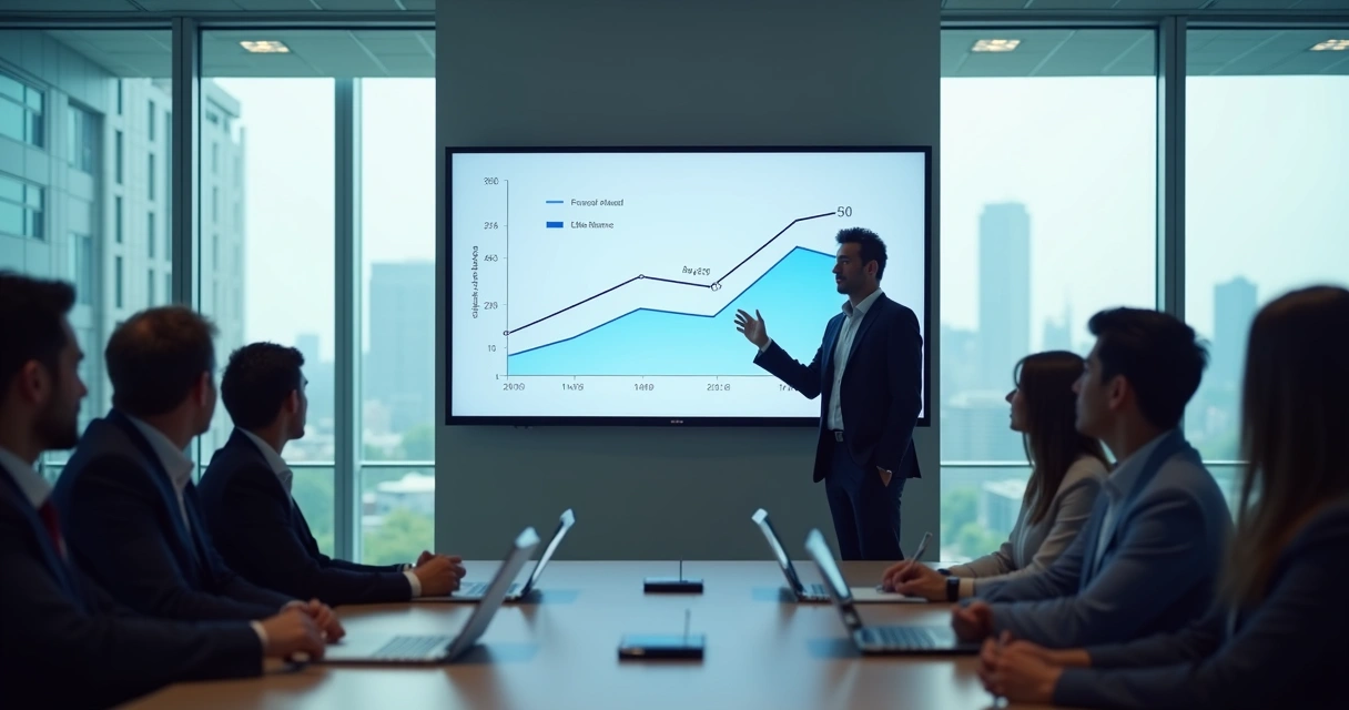 Homem de terno apresentando gráfico simples em reunião de negócios 