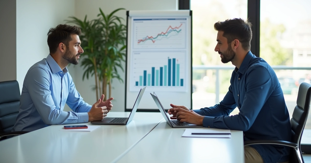 Profissional de BPO mostrando dados financeiros em notebook para um cliente em sala moderna 