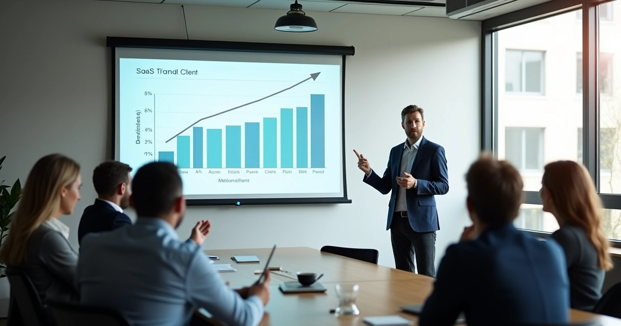 Inbound Marketing para SaaS B2B: Guia de Estratégias Práticas 3 Profissional apresentando case de sucesso em reunião