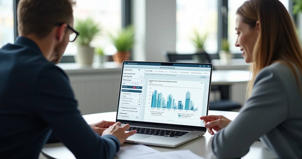 Apresentação de estudo de caso com dados e depoimentos exibidos em notebook